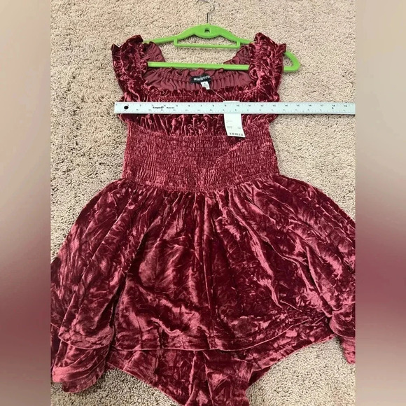 NWT new Urban Outfitters velvet romper SMALL red wine ruffle strap smocked dress - Picture 13 of 17